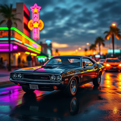 A vintage muscle car parked on a vibrant beachfront street at sunset, colorful neon lights reflecting off the wet pavement, depth of field focus on the car, 50mm lens, f/1.8 aperture, ISO 200, shot with a DSLR camera, evening golden hour lighting.