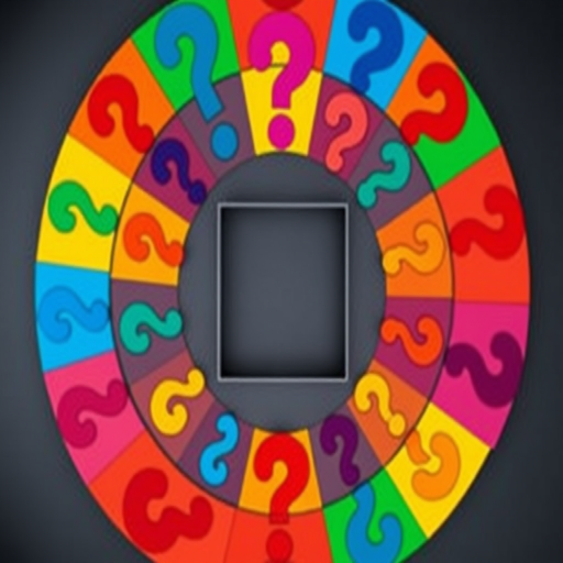 Generate a vibrant circular graphic with colorful question mark designs around a central empty square, using a Canon EOS R5 with a 50mm f/1.2 lens, aperture set to f/4, ISO 100, and a shutter speed of 1/200 sec, high dynamic range, top-down view, and vibrant colors for enhanced detail and clarity.