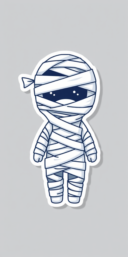 create a kawaii Mummy wrappings sticker, 3d digital art, grey background, sticker line weight