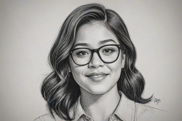Enticing Gina Rodriguez, pencil sketch, portrait of Resplendent woman 1925s in glasses, hair style beatnik, outline, clear lines, fine lines, 8k