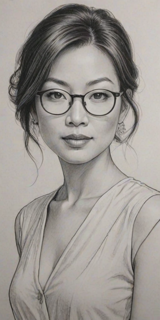 Appealing Ming-Na Wen, pencil sketch, portrait of Lovely woman 1921s in glasses, hair style beatnik, outline, clear lines, fine lines, 8k