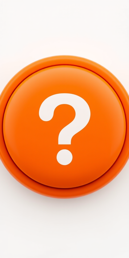 Create a high-resolution image of an orange circular button featuring a large white question mark in the center, captured with a Canon EOS R5 camera at f/2.8 aperture, ISO 100, using a 50mm lens from a straight-on perspective.