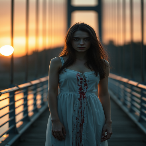 regenerate image of a somber woman in a blood-stained white dress standing on a bridge at sunset, cinematic lighting, focus on details, shallow depth of field, 35mm lens, f/2.8, ISO 100, soft contrast