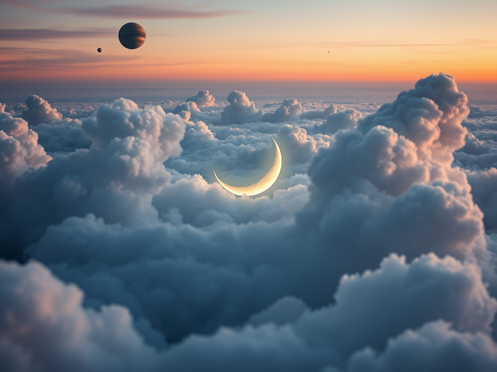 A surreal crescent moon face nestled among ethereal clouds with distant planets, ambient lighting, high dynamic range, shot with a Canon EOS R5, 50mm lens, f/1.8 aperture, ISO 100, at dusk with soft focus and rich colors.