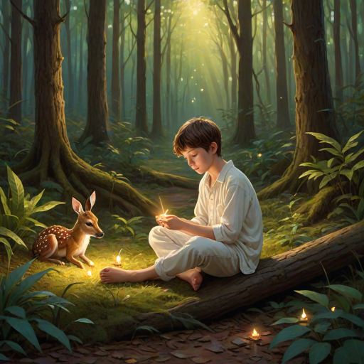 A luminous digital painting of a serene forest scene featuring a barefoot young boy, about 7 years old, with brown hair and fair skin, dressed in a simple white outfit. He sits cross-legged on the forest floor, gazing at a small, glowing, magical firefly in his hand. Beside him, a delicate spotted deer lies calmly on a bed of dried leaves, observing the scene. The dense forest is bathed in warm, golden light filtering through the trees, creating a peaceful, magical atmosphere with a blend of natural and mystical elements.