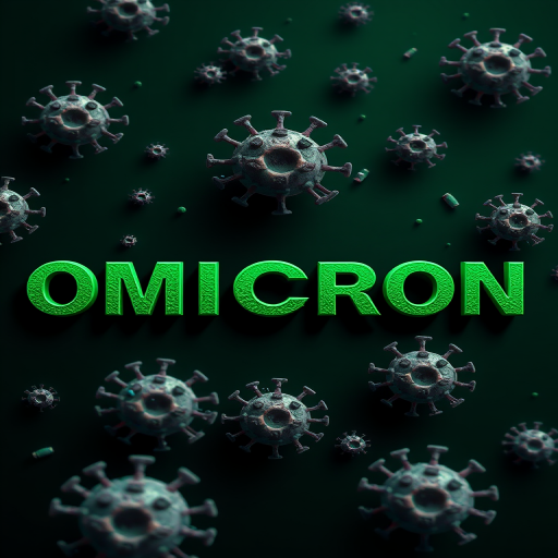 Create a digital illustration of the word "OMICRON" in bold green letters surrounded by stylized virus particles on a dark green background, shot with a DSLR camera at f/8 aperture, ISO 200, 50mm lens, using a macro photography style for enhanced detail and clarity.