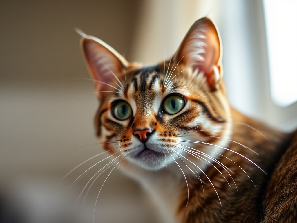 cat portrait, soft natural lighting, shallow depth of field, f/2.8, ISO 200, 50mm lens, DSLR camera, focus on cat's face, warm color tones, 1/125 sec shutter speed