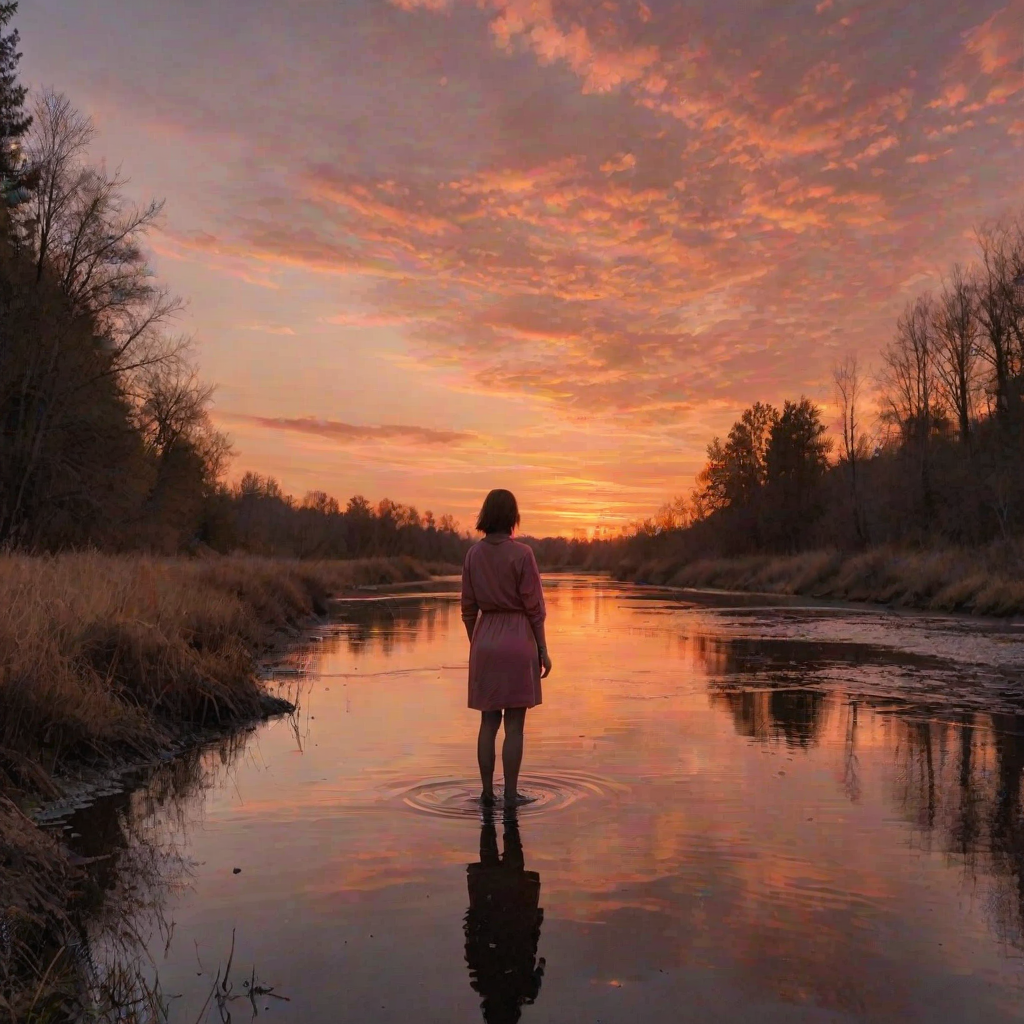 Sunset over a quiet river, the sky ablaze with hues of orange and pink, a woman stands at the water's edge, her reflection rippling in the current as she watches the last rays of light fade away.