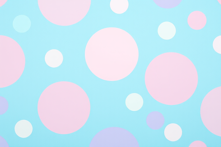 Create a seamless pattern of pastel-colored polka dots on a bright blue background, with a shallow depth of field, shot from a top-down view using a DSLR camera at f/4 aperture, ISO 100, and 50mm lens for enhanced clarity and vibrant colors.