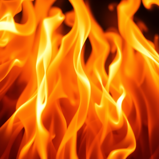 Create an abstract image of dynamic orange flames with swirling patterns, using a high-resolution digital camera, f/2.8 aperture, ISO 100, 1/200s shutter speed, macro lens, and a top-down view to enhance detail and vibrancy.