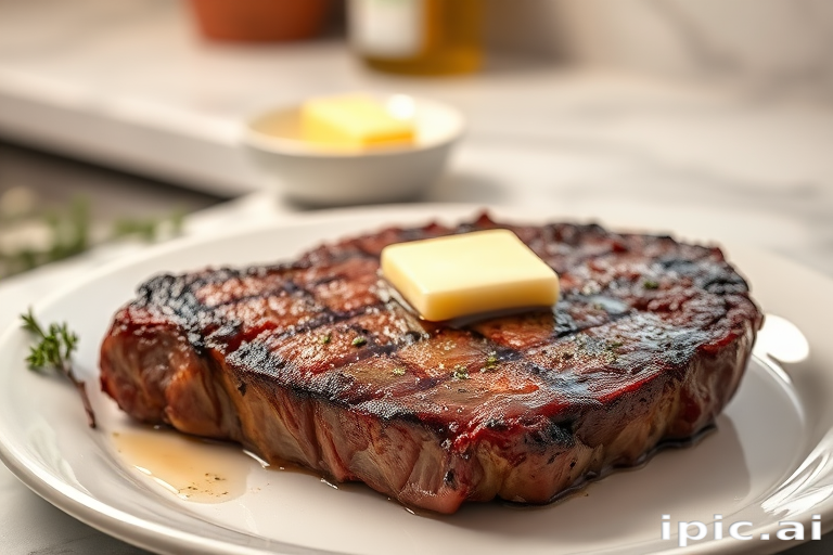 Create an image of a perfectly seared ribeye steak, resting on a white plate with a pat of melting butter on top. The steak is seasoned with fresh herbs like thyme and parsley, with glistening juices highlighting the texture of the meat. The background features a soft focus on a light, marble countertop, with a small dish of butter and an olive oil bottle in the distance. The overall mood should be warm and inviting, capturing the deliciousness and juiciness of the steak.