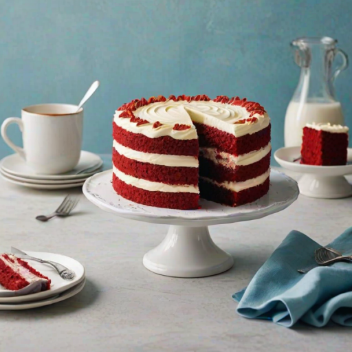 Generate an image of a red velvet cake with cream cheese frosting. The cake should be round with a smooth, white icing on the outside, decorated with swirls on top. One slice has been removed, revealing the red interior with layers of frosting between the cake layers. The cake is placed on a white cake stand and set on a light blue table with a simple tablecloth. Include a cake server next to the cake.