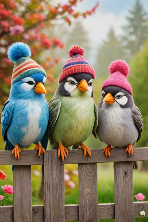 create a scene of 4 quirky  whimsical colourful comical birds each with a funny expression. they are sat on a wooden fence with colourful flowers. they are all different sizes. each one is a different colour  one is wearing a woolly hat. Each one has a different quirky google expression and there is a muted background of trees watercolour paintierly style high definition 8k resolution 3D paper mache