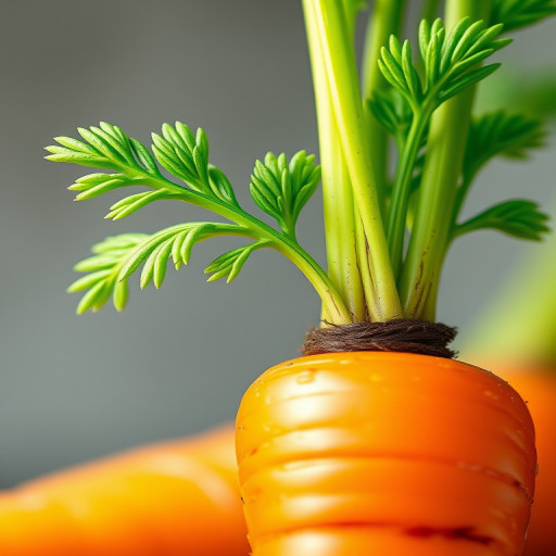 Regenerate a vibrant carrot illustration with a detailed green leaf, using a high-resolution digital rendering style, set at 300 DPI, with a macro lens effect for enhanced sharpness and depth of field.