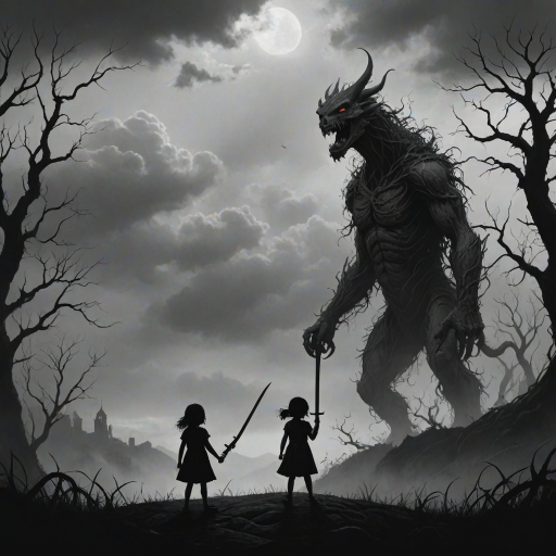 Fight your fears illustration of black and white minimalist of a little girl standing on a hill, raising a sword in hand, she is facing a large menacing creature with large head, sharp teeth and sharp claws, its body is made of vines and roots. The background is a cloudy sky with a hint of smoke or fog. The overall mood of the image is dark and eerie.