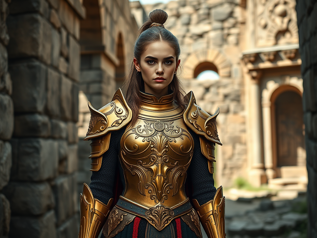 Create a high-resolution image of a female character in ornate golden armor standing in an ancient stone ruins, with soft natural lighting, using a Canon EOS R5, f/1.8 aperture, 50mm lens, and a wide-angle perspective to enhance depth and detail.