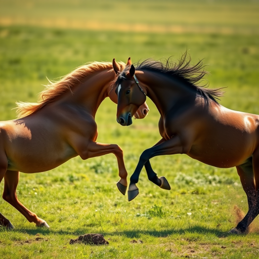 Capture a dynamic scene of two horses playfully interacting in a lush green field under natural lighting, using a Canon EOS R5 with a 85mm f/1.4 lens, ISO 200, aperture at f/2.8, shutter speed 1/1000s, in a portrait orientation to emphasize the action and detail of their movements.