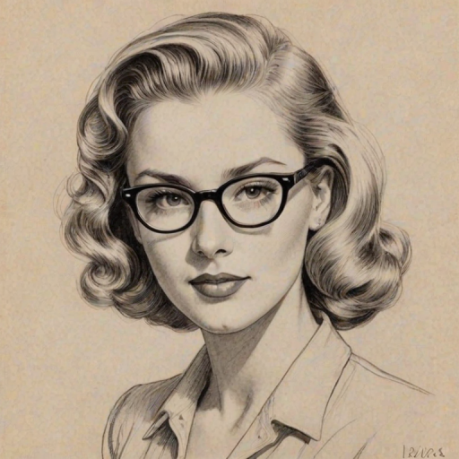 Dazzling Lilia Buckingham, pencil sketch, portrait of Enchanting woman 1944s in glasses, hair style beatnik, outline, clear lines, fine lines, 8k