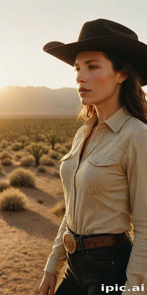 Dramatic photo of a beautiful Western American woman, classic cowboy attire, confident and free spirit expression, half-length portrait, centered, golden hour desert landscape, warm, diffused light, low angle, medium format film camera, in style of Annie Leibovitz.