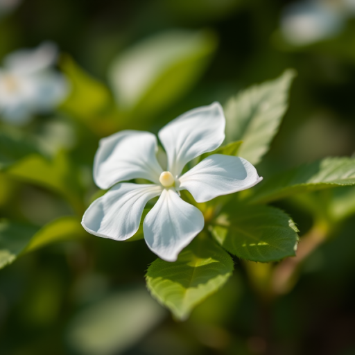macro shot of a white flower and green leaves, soft focus background, f/8 aperture, ISO 100, 50mm lens, natural lighting, DSLR camera