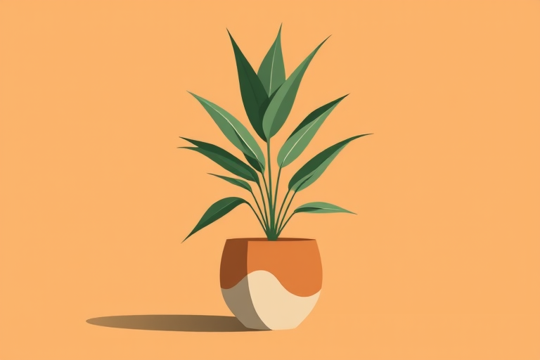 Create a high-quality minimalist illustration of a potted plant with long leaves, incorporating abstract shapes in earthy tones and a warm color gradient background, use a Canon EOS R5 camera with a 50mm f/1.8 lens, ISO 100, shutter speed 1/200s, and aperture f/2.8 for a crisp and vibrant look.