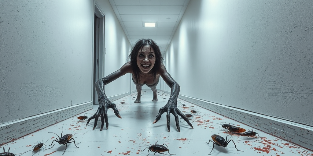 a crooked female with long arms and a creepy smile is crawling along a long white corridor and you can also see cockroaches in it there is a creepy atmosphere creepy art style