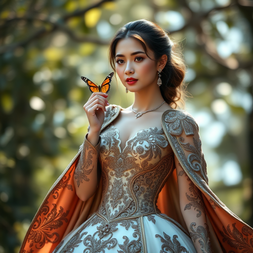 Generate an image of a woman in an ornate gown with intricate designs and a flowing cape, holding a butterfly, in a soft focus, natural lighting, 85mm lens, f/2.8 aperture, shot from a low angle for depth, using a DSLR camera for high clarity and detail.