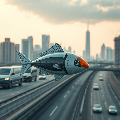a futuristic robotic fish flying over a highway in a cityscape with skyscrapers, soft lighting, high dynamic range, captured with a DSLR camera, 50mm lens, f/2.8 aperture, ISO 100, 1/200s exposure time, vibrant colors and sharp details