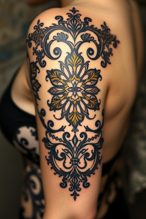 Ornamental tattoo "Regal Embellishment" featuring intricate lace-like patterns and filigree designs in black ink with touches of metallic gold for an elegant, jewelry-inspired look