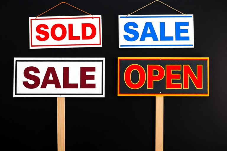 Create an image of four sale signs featuring the words "SOLD," "SALE," "OPEN," and "CLOSED" in bold, colorful typography on a black background, with a high-resolution DSLR camera at f/2.8 aperture, ISO 100, shutter speed 1/100s, top-down view, and utilizing a flat lay style for optimal clarity and detail.
