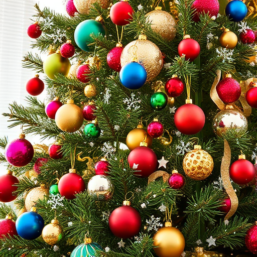Create an image of a beautifully decorated Christmas tree filled with colorful ornaments in shades of red, green, blue, and gold. Add white snowflakes scattered throughout the branches, capturing a festive and cheerful holiday spirit. The background should be bright and sunny to contrast with the vibrant decorations.