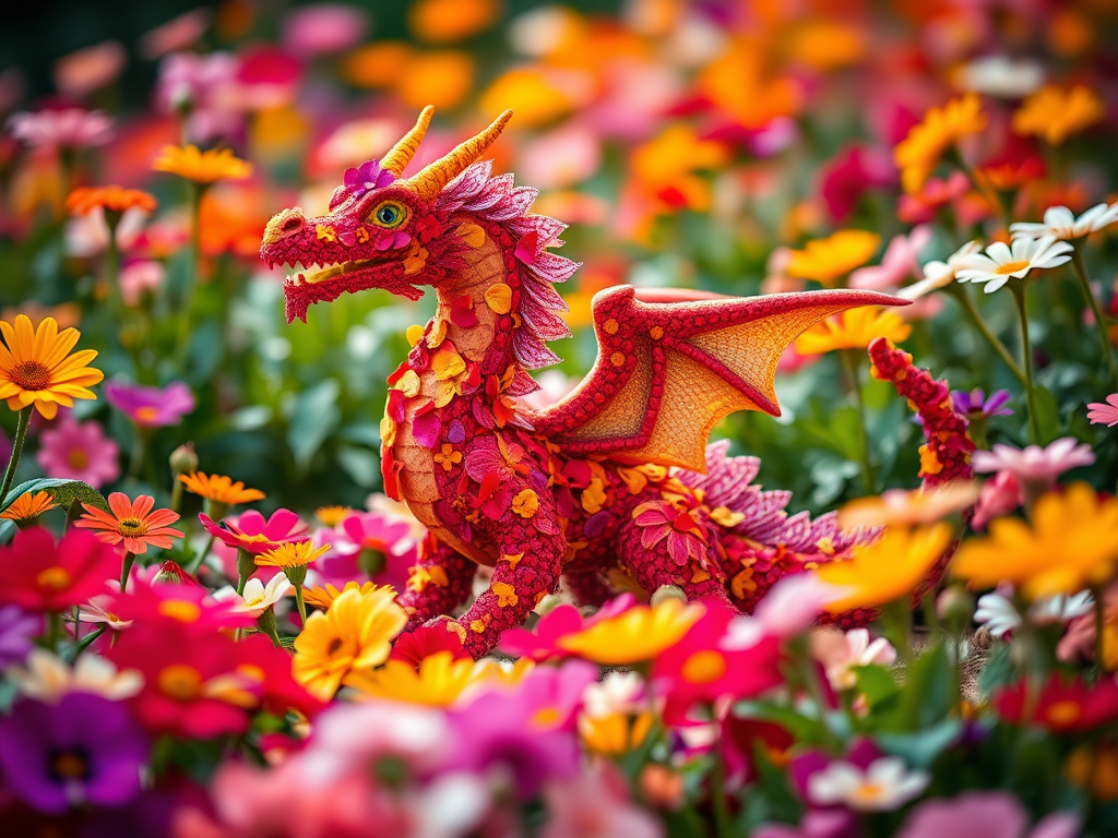 Create an image of a colorful dragon made of flower petals sitting amidst a vibrant garden of blooming flowers, with a shallow depth of field, using a DSLR camera with a 50mm lens at f/2.8, ISO 100, and a soft natural light setup to enhance the vivid colors and details.