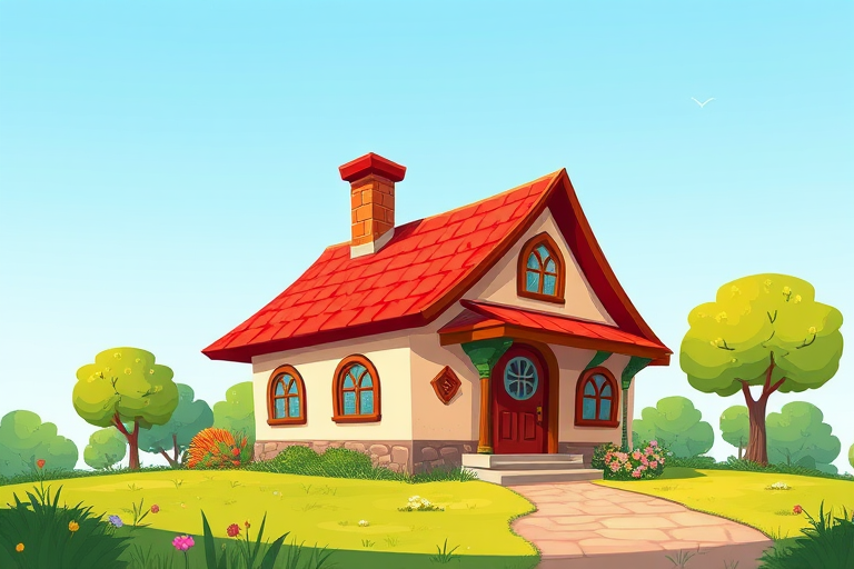 create a vibrant cartoon-style illustration of a whimsical house with a red roof and chimney, set on a green lawn, captured with a DSLR camera at f/8 aperture, ISO 100, 24mm lens, shot from a low angle view to enhance depth and color saturation