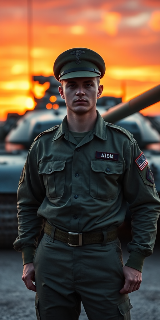 A soldier in a military uniform standing confidently in front of a tank, with a dramatic sunset in the background, shot with a DSLR camera, aperture f/1.8, ISO 100, shutter speed 1/200s, portrait view, cinematic style.