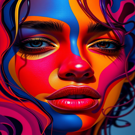 Regenerate a vibrant abstract portrait of a face with bold colors and flowing shapes, captured with a Canon EOS R5, 50mm lens, f/1.8 aperture, ISO 100, natural lighting, with a slightly angled view to emphasize depth and detail.