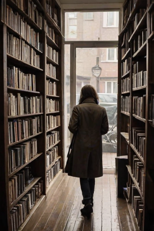 A quiet bookshop on a rainy afternoon, the smell of fresh coffee and old books filling the air, as a woman browses the shelves, running her fingers along the spines.