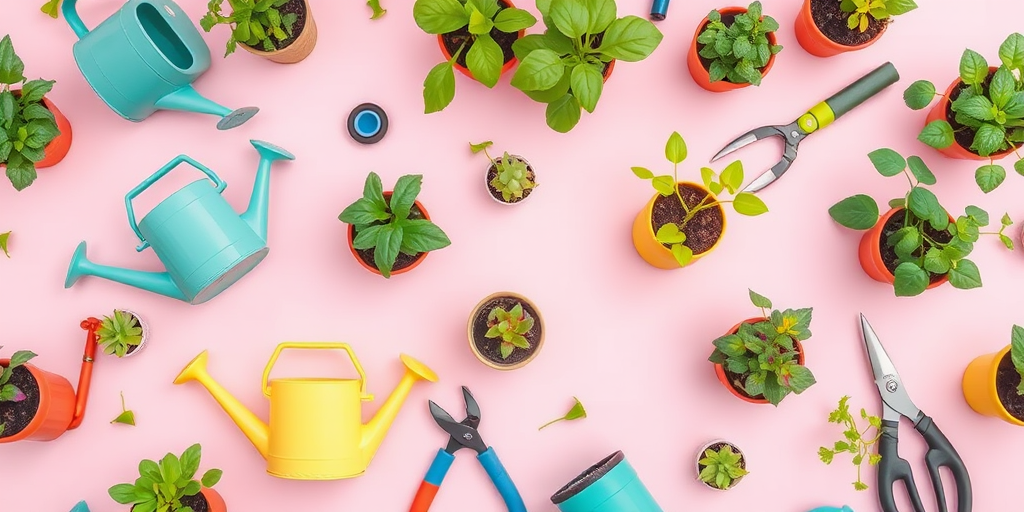 Create a vibrant pattern of plants and gardening tools featuring watering cans, potted plants, and pruning shears on a soft pink background with a shallow depth of field; shot with a Canon EOS R5 at f/4, ISO 100, 50mm lens, and natural lighting for enhanced detail and color saturation.