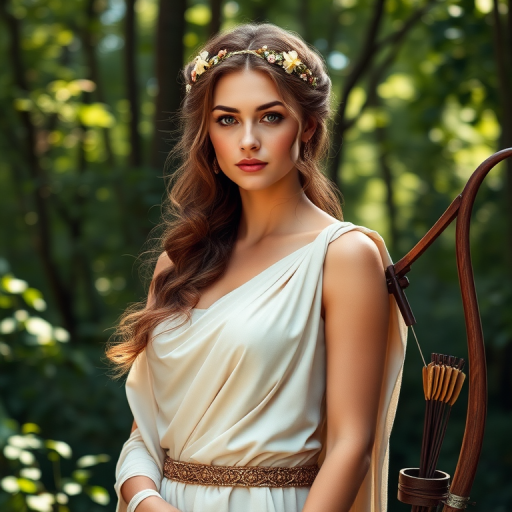 Create a portrait of a goddess-like female figure in a tranquil, forested environment. She has an elegant appearance with long, wavy hair styled in an updo and adorned with a delicate, floral headband. She wears a flowing, ancient Greek-inspired gown in a soft, pale color, featuring a one-shoulder design and draped fabric that accentuates her graceful form. The outfit includes a decorative belt with ornate gold detailing, and she holds a bow in her hand, with a quiver of arrows slung over her shoulder. The background depicts lush greenery, with sunlight filtering through the trees, casting a gentle, ethereal light on the scene. Her expression is calm and contemplative, embodying a sense of wisdom and serenity.