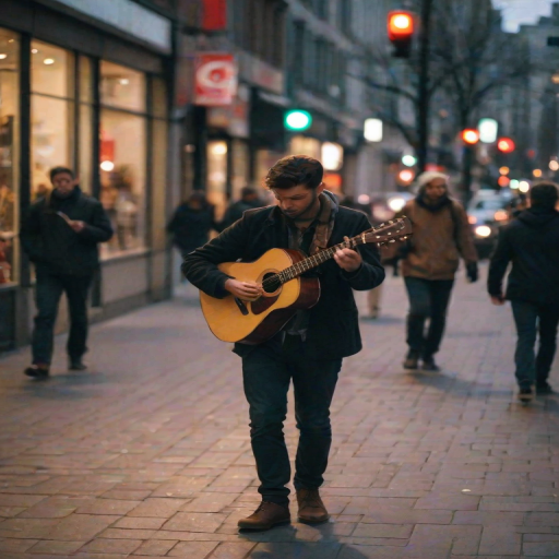 Blurry, candid photo of a street musician playing an acoustic guitar on a busy city sidewalk, soft glow from nearby shop windows illuminating their face, with distant pedestrians walking by.