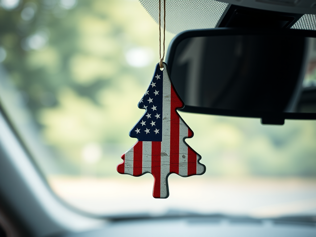 Regenerate an image of a tree-shaped air freshener featuring the American flag design, shot with a DSLR camera at f/8 aperture, ISO 200, 50mm lens, top-down view, natural lighting for enhanced clarity and detail.