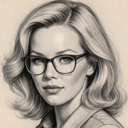 Radiant Jennie Garth, pencil sketch, portrait of Bewitching woman 1943s in glasses, hair style beatnik, outline, clear lines, fine lines, 8k