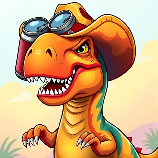 Create an illustration of a playful dinosaur wearing a cowboy hat with two beer cans attached, vibrant colors, high contrast, camera type: DSLR, camera settings: f/4.0 aperture, 1/200s shutter speed, ISO 100, view: close-up, style: cartoonish, enhance image quality with vibrant saturation and sharp details.