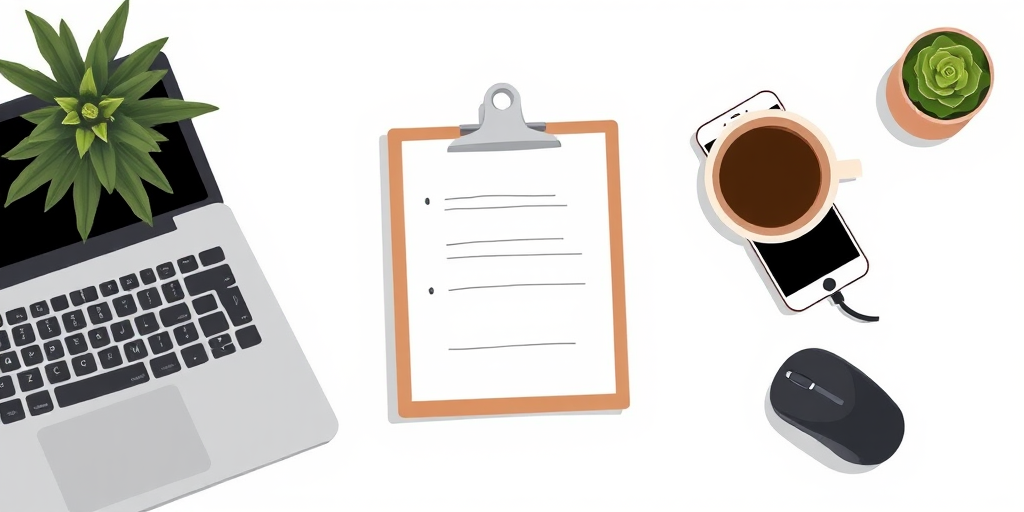 illustration of a minimalist workspace featuring a laptop, clipboard with notes, a coffee cup, a smartphone, and a computer mouse on a light gray background