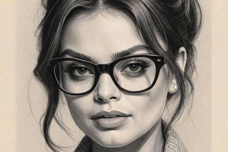 Dazzling Mila Kunis, pencil sketch, portrait of Appealing woman 1960s in glasses, hair style beatnik, outline, clear lines, fine lines, 8k