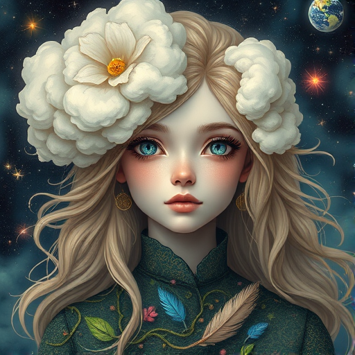 Create a series of imaginative portraits where each subject is infused with elements of fantasy and nature. The hair of the individuals should flow like clouds, varying from soft, fluffy cumulus to wispy cirrus strands, with hints of color reflecting a sunset or a clear blue sky. The eyes should be windows to entire galaxies, with stars, nebulae, and distant planets visible within them. Clothing should be adorned with nature motifs, such as floral patterns that bloom and change, vines that seem to grow and wrap around, or feathers that shimmer with iridescence. Each portrait should capture a unique personality, blending human features with the ethereal beauty of the natural and cosmic world. The backgrounds can vary, from starry night skies to enchanted forests, adding depth and context to the magical realism of the portraits