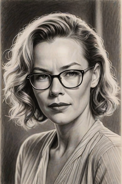 Ravishing Connie Nielsen, pencil sketch, portrait of Sublime woman 1934s in glasses, hair style beatnik, outline, clear lines, fine lines, 8k
