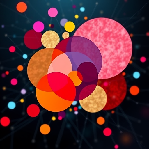 Generate an abstract digital artwork featuring overlapping colorful circles and geometric shapes with a background of interconnected lines and nodes, captured with a 50mm lens at f/8, ISO 100, 1/200s, in a studio setting with soft lighting and high-resolution detail.