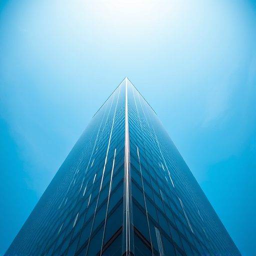 high-angle view of a modern skyscraper with a reflective facade under a clear blue sky, using a DSLR camera at f/8 aperture, 1/200 second shutter speed, ISO 100, wide-angle lens, HDR photography style to enhance details and colors