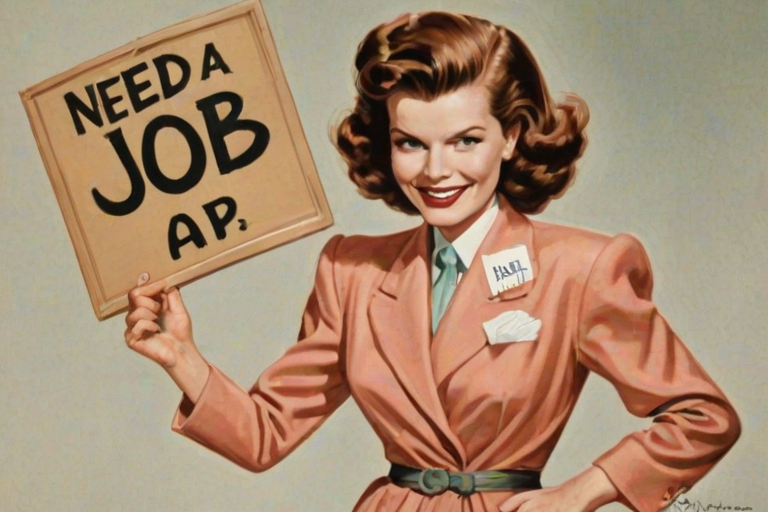 caricature of a smiling Katharine Hepburn in a Salmon dress or suit, holding up a sign that says "NEED A JOB", no watermark,