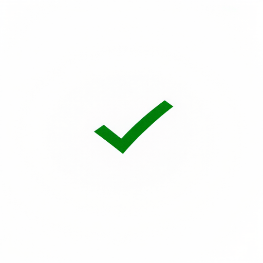 Create an image of a green check mark on a white background, using a DSLR camera with a 50mm lens, aperture set to f/2.8, ISO 100, with a slightly overhead view for a clean and crisp presentation.
